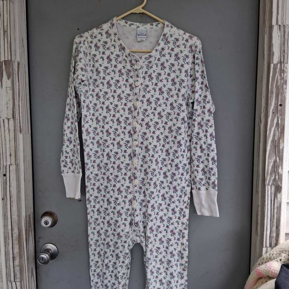 Vintage Duofold Floral Union Suit Womens M Drop Seat Trap Door Long Johns Violet